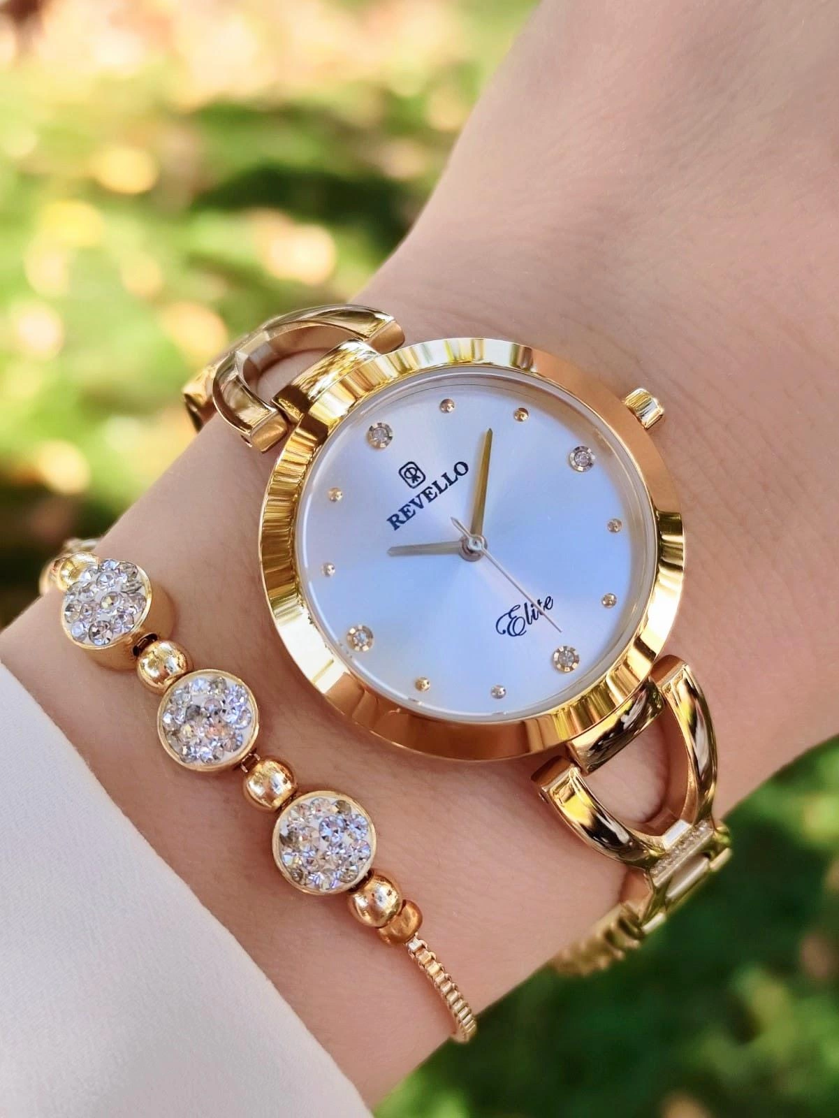 RVL-3741-E Revello Altın Kaplama Elite Swarovski Taşlı 30 Mt Su Geçirmez+Bileklik Lady Wristwatch