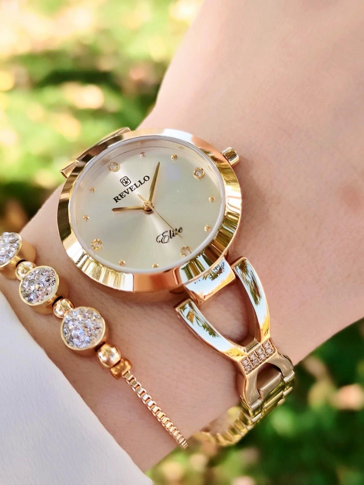 RVL-3741-E Revello Altın Kaplama Elite Swarovski Taşlı 30 Mt Su Geçirmez+Bileklik Lady Wristwatch