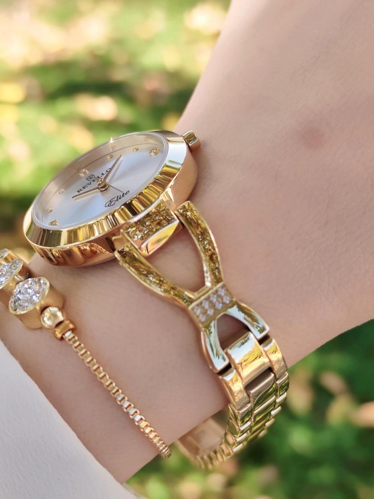 RVL-3741-E Revello Altın Kaplama Elite Swarovski Taşlı 30 Mt Su Geçirmez+Bileklik Lady Wristwatch