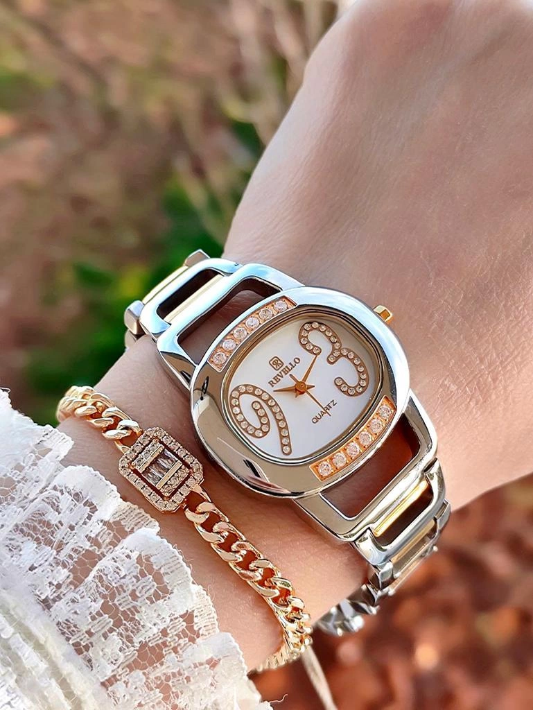 R.VR1008 Bayan Gümüş/Gold Vintage Retro Model Swarovski Taşlı Çelik Bayan Kol Saati+Bileklik