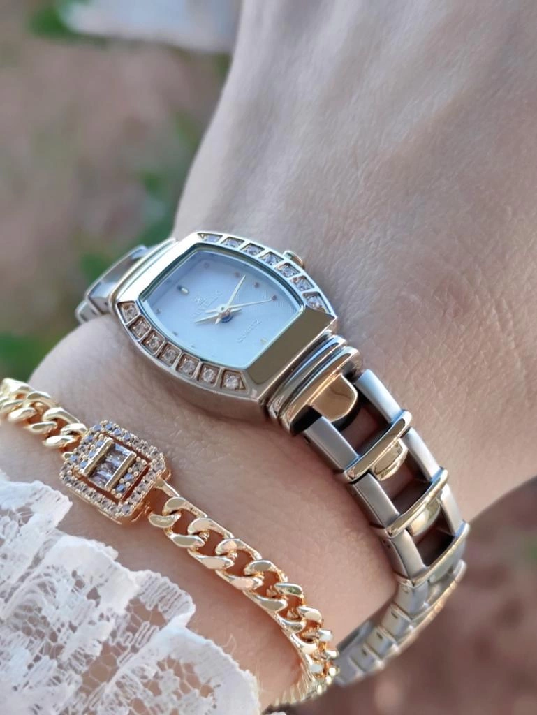R.VR1014 Bayan Gümüş/Gold Vintage Retro Model Swarovski Taşlı Çelik Bayan Kol Saati+Bileklik