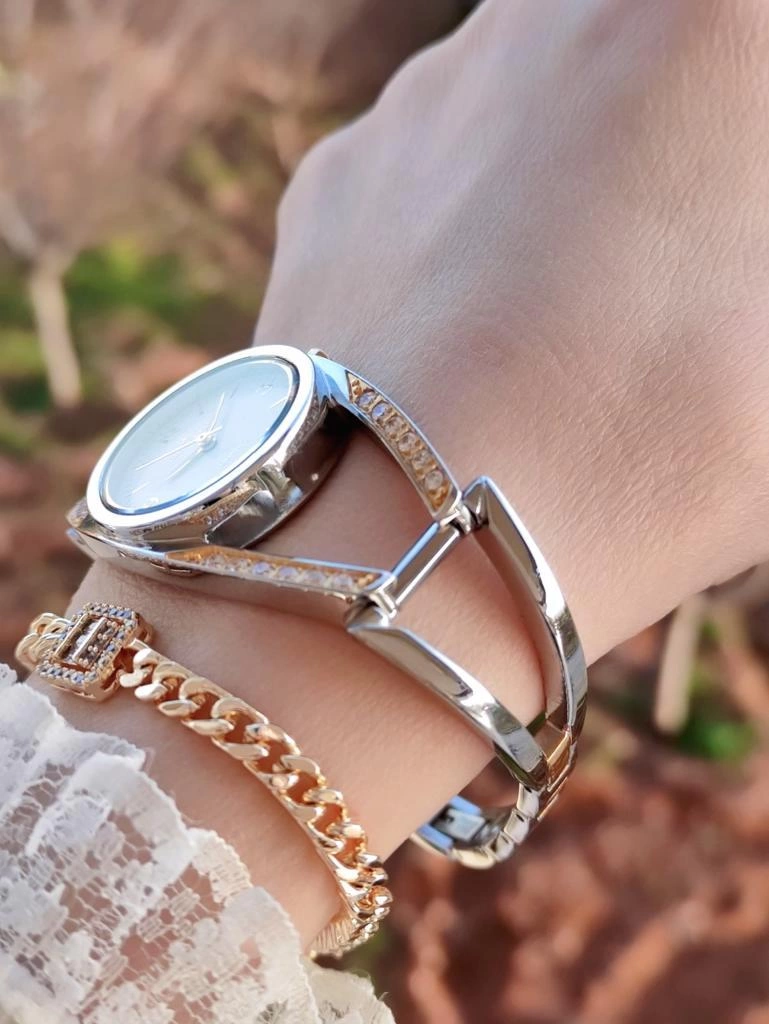 R.VR1015 Bayan Gümüş/Gold Vintage Retro Model Swarovski Taşlı Çelik Bayan Kol Saati+Bileklik