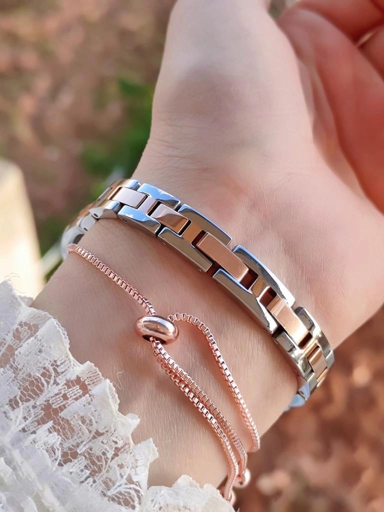R.VR1023 Bayan Rose/Gümüş Özel Vintage Retro Model Swarovski Taşlı Çelik Bayan Kol Saati+Bileklik