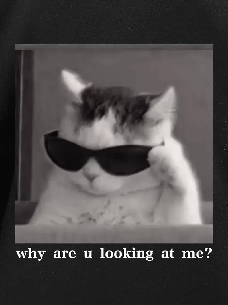 Neden Bana Bakıyorsun? Komik Kedi Grafik Tişört - Dijital Baskılı Siyah Bol Kesim Streetwear Tişört, Erkekler için Dört Mevsim Günlük Gömlek - Siyah
