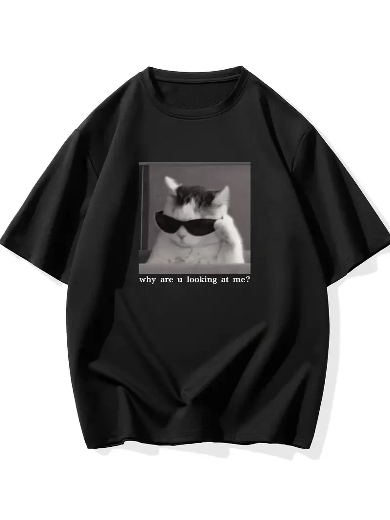 Neden Bana Bakıyorsun? Komik Kedi Grafik Tişört - Dijital Baskılı Siyah Bol Kesim Streetwear Tişört, Erkekler için Dört Mevsim Günlük Gömlek - Siyah