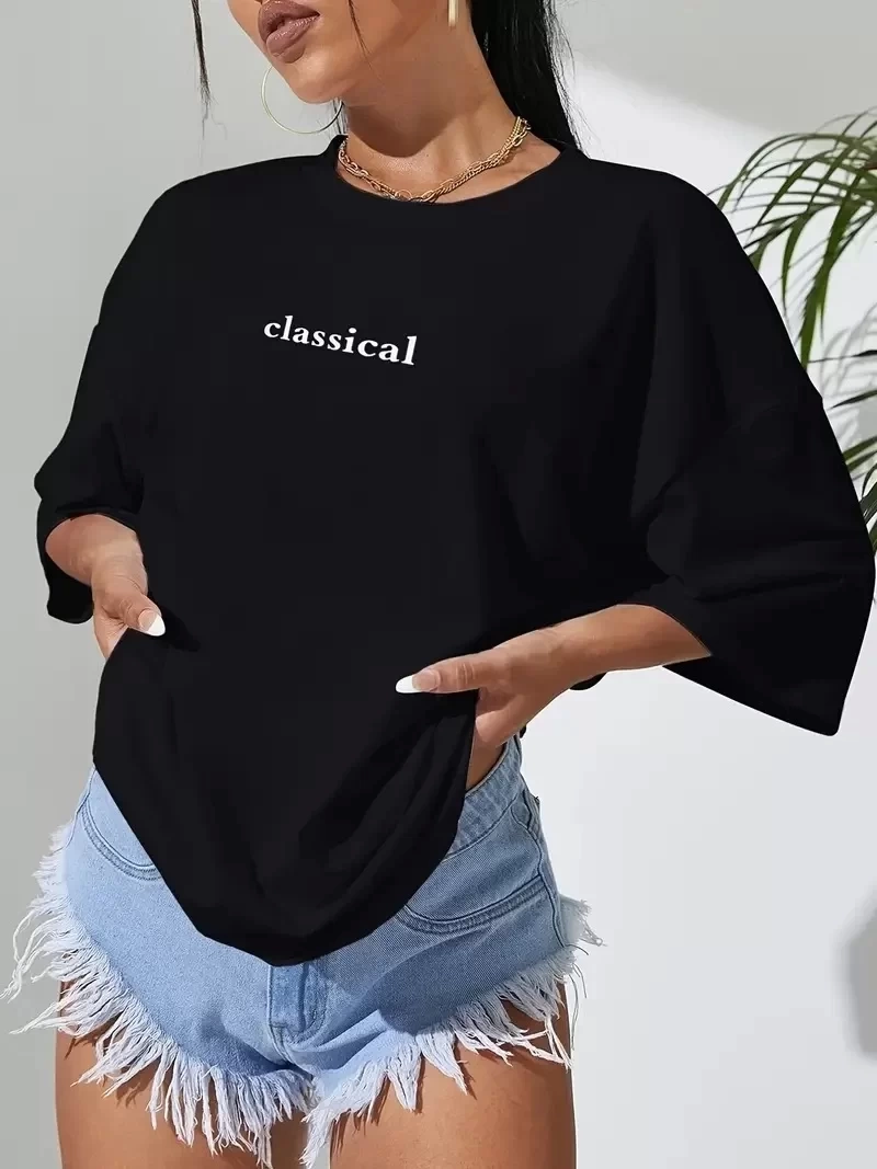 20/1 Penye Compack Classical Baskılı Siyah Oversize Tişort - Siyah