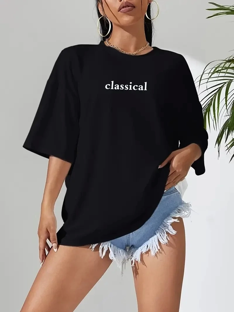 20/1 Penye Compack Classical Baskılı Siyah Oversize Tişort - Siyah