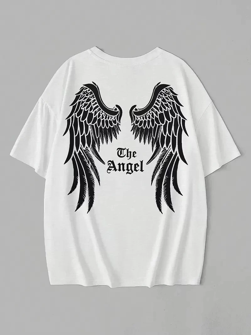20/1 Penye Compack Dark Angel Baskılı Oversize Kısa Kol Yazlık T-shirt- Beyaz