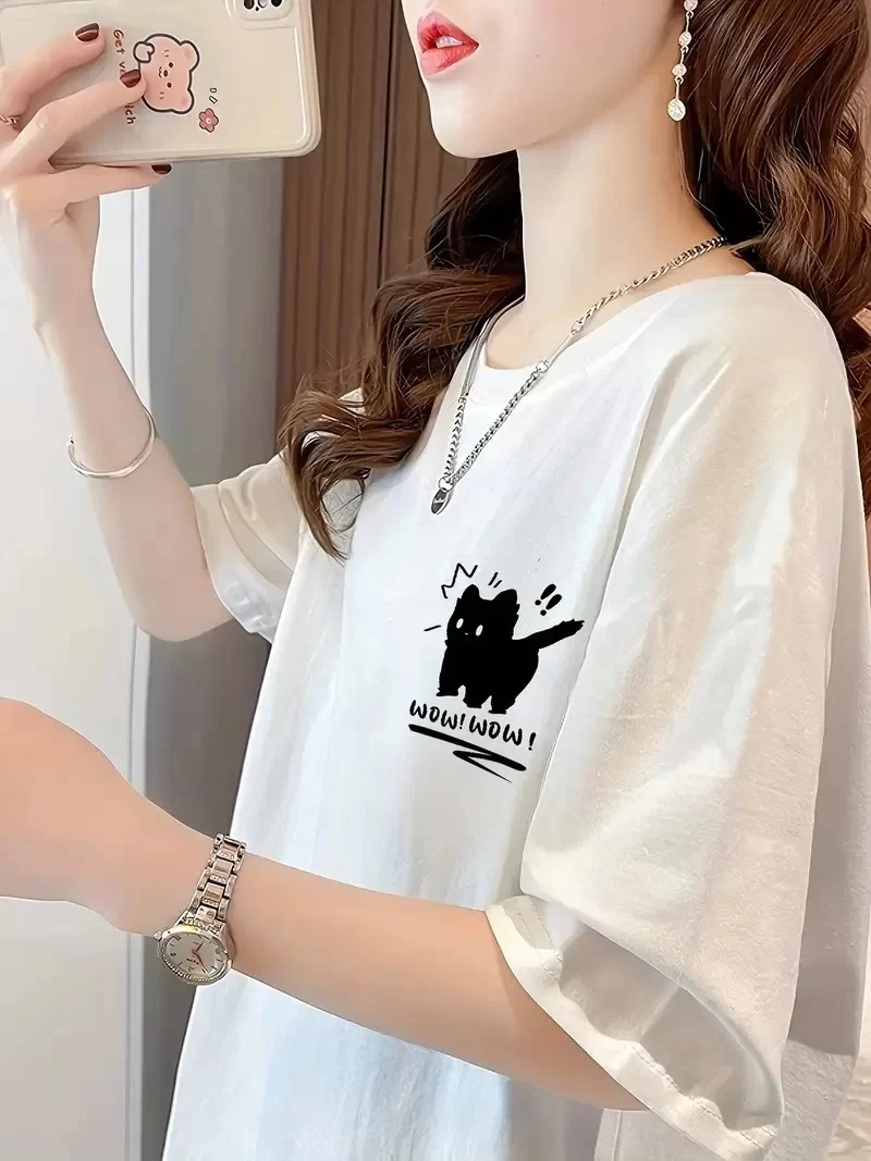 20/1 Penye Compack Tatlı Kedi Baskılı Oversize Bisiklet Yaka T-shirt - Beyaz