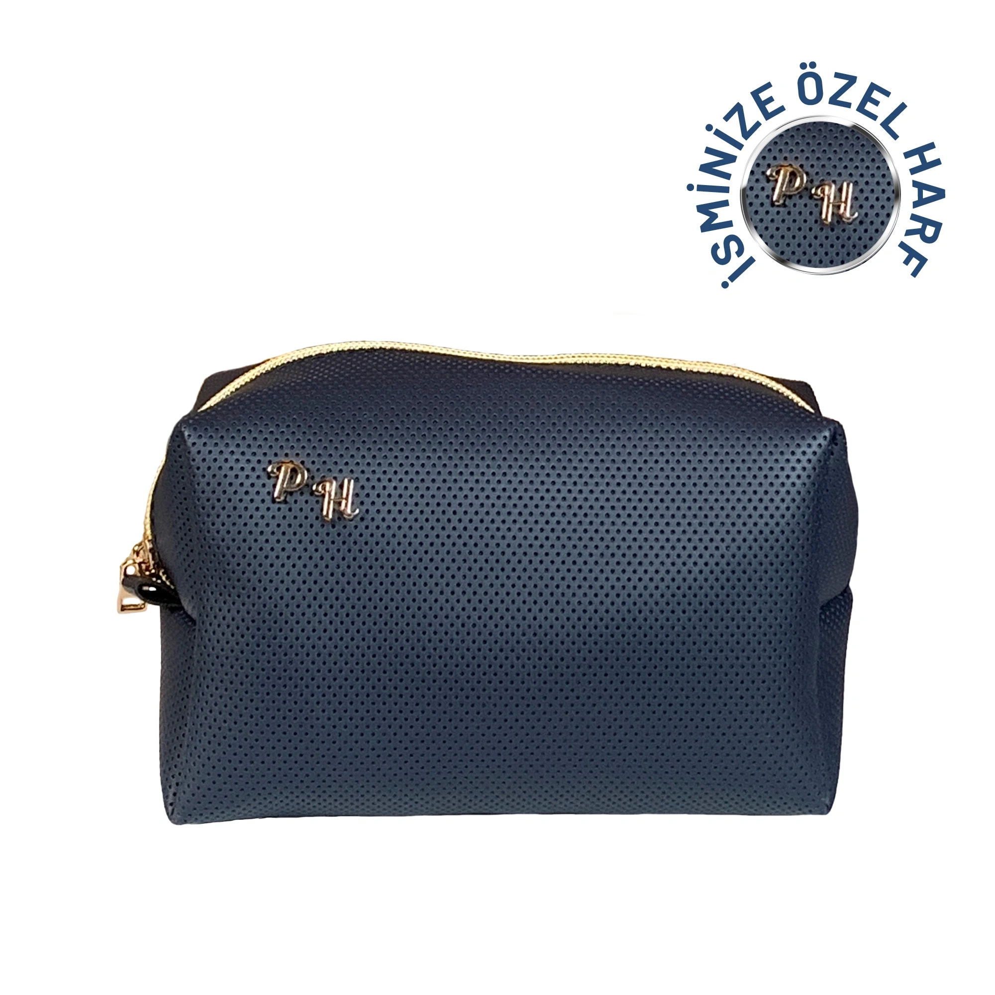 İsme Özel Baş Harfleri ile Kişiselleştirilebilir Makyaj Çantası Lacivert