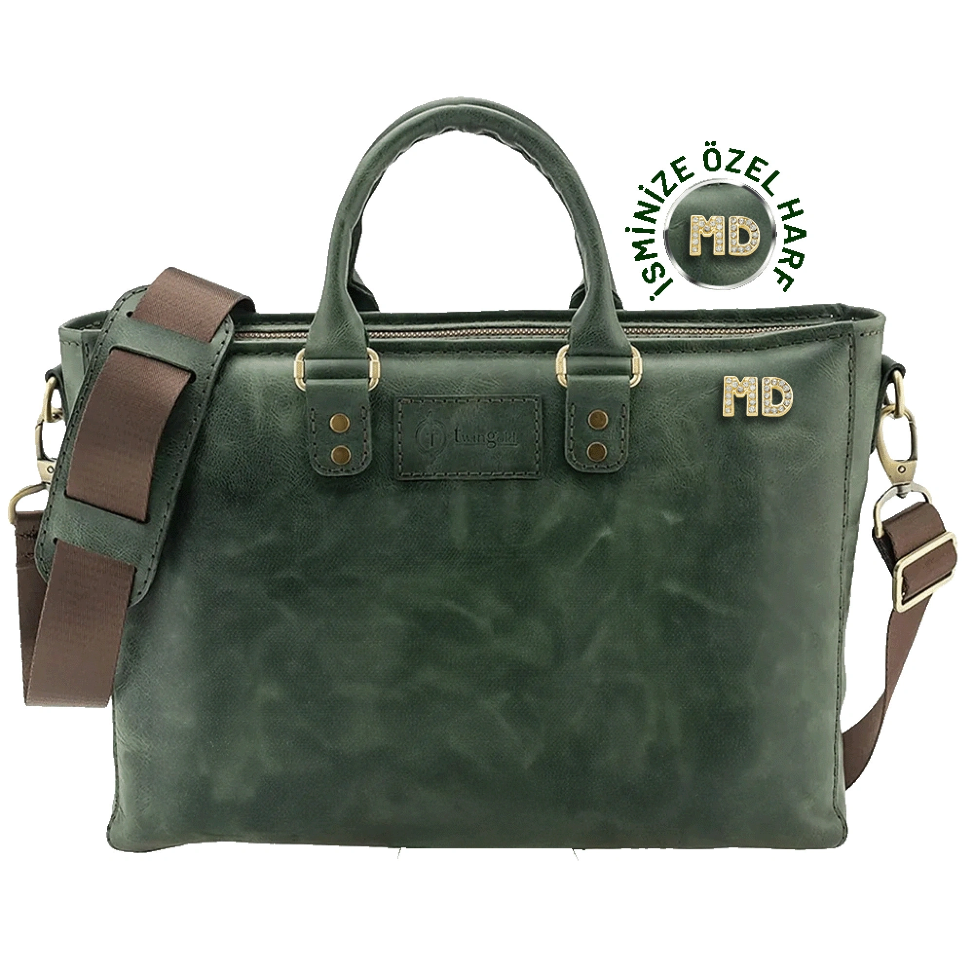 İsme Özel Günlük Kullanım El Omuz Evrak Laptop Çantası - %100 Deri - AC09004 - Haki
