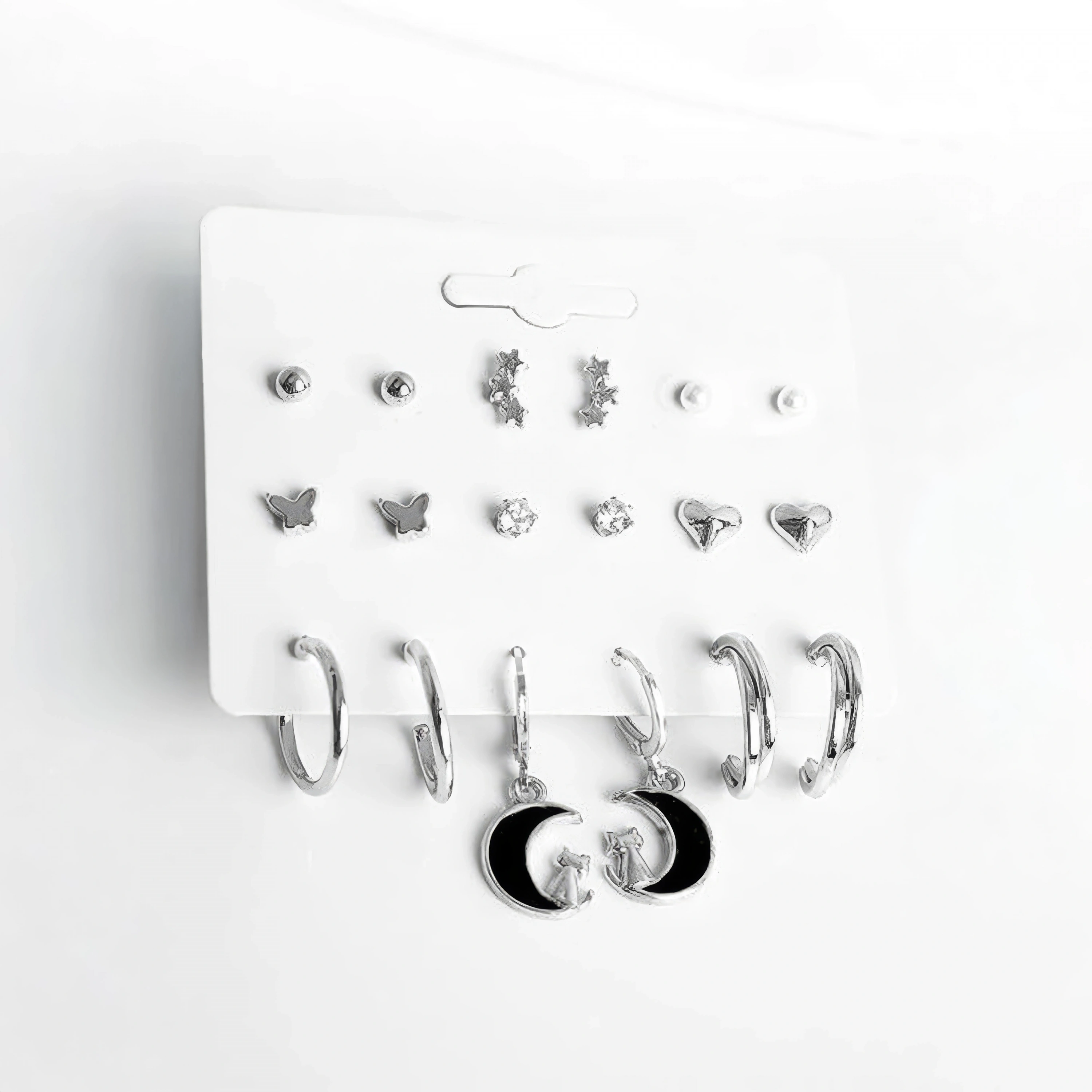 Ay Kedi Kelebek Sıralı Yıldız ve Kalp Tasarımlı İnci Zirkon Halka ve Top Küpeli 9lu Küpe Seti