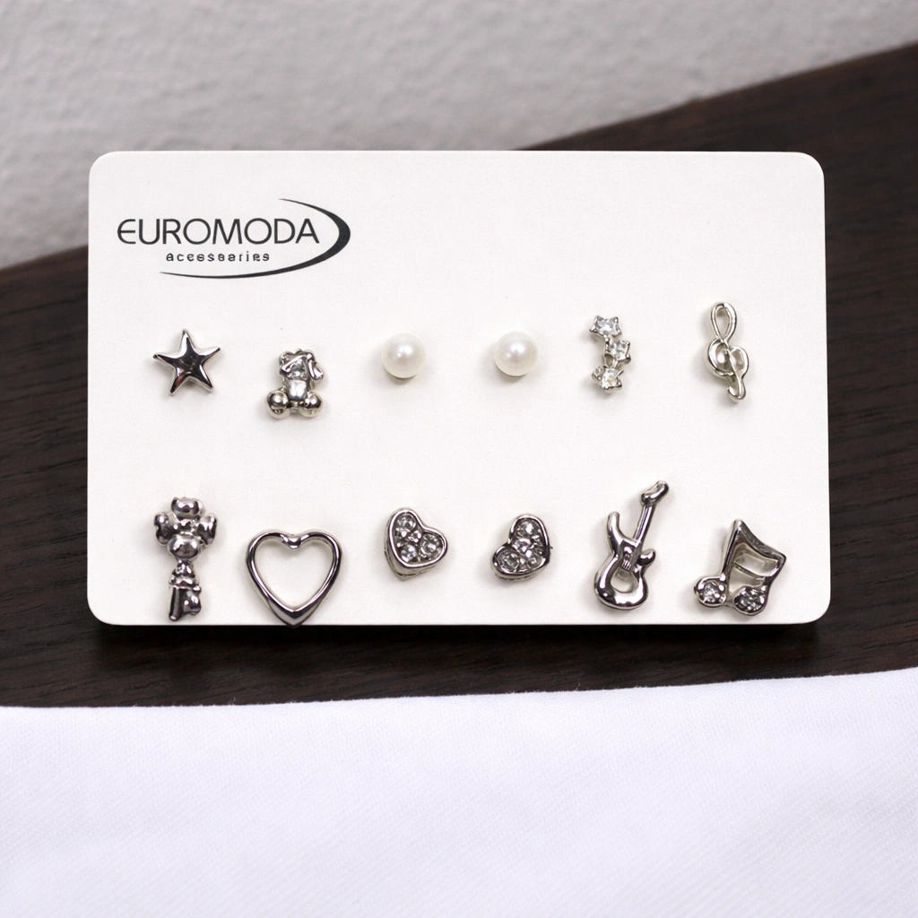 Yıldız Kiraz Sol Anahtarı Kalp Anahtar ve Gitar Tasarımlı İnci Tektaş ve Top Küpeli 6lı Küpe Seti