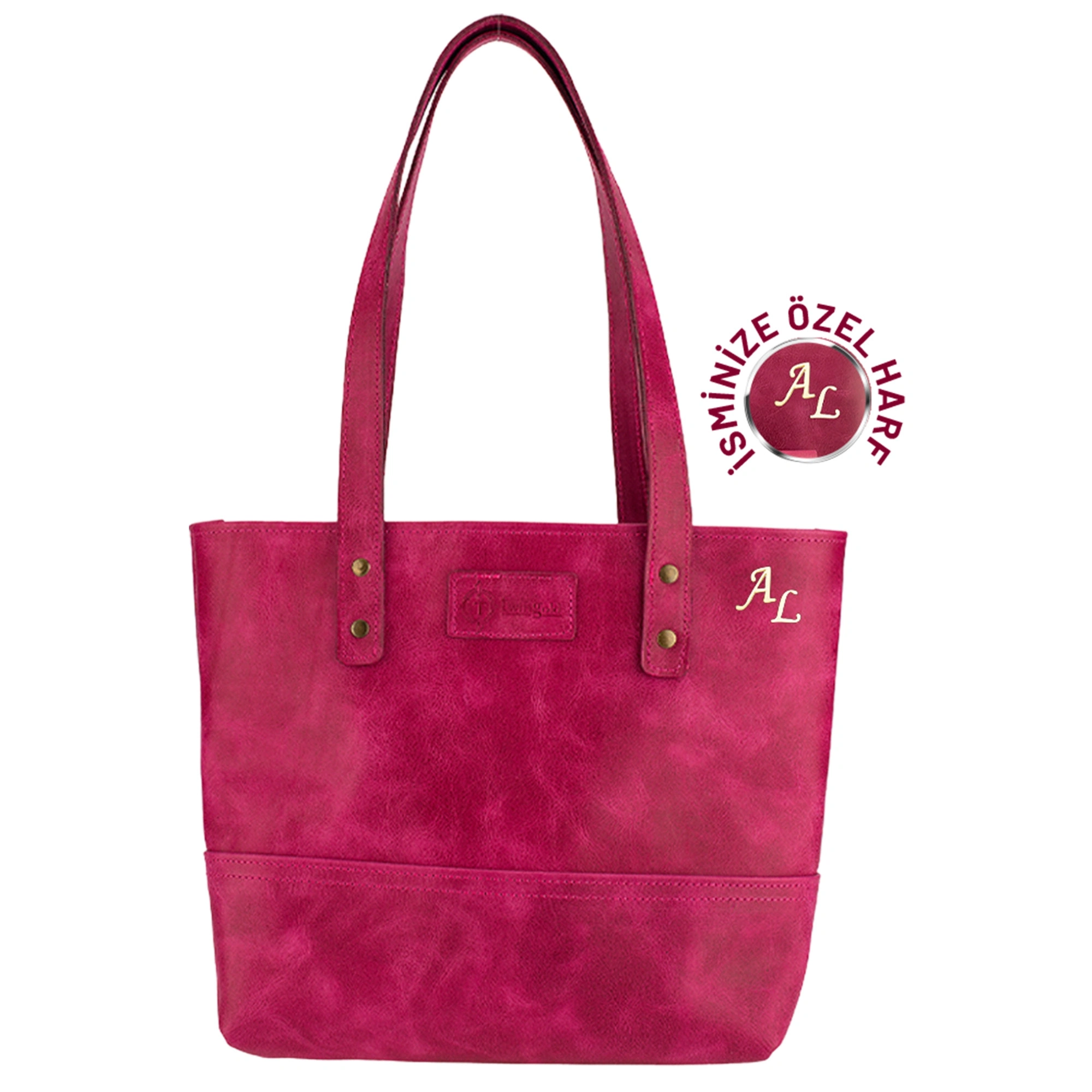 İsme Özel Tote Bag El Omuz Çantası - %100 Rainbow Deri - AC03003 - Fuşya