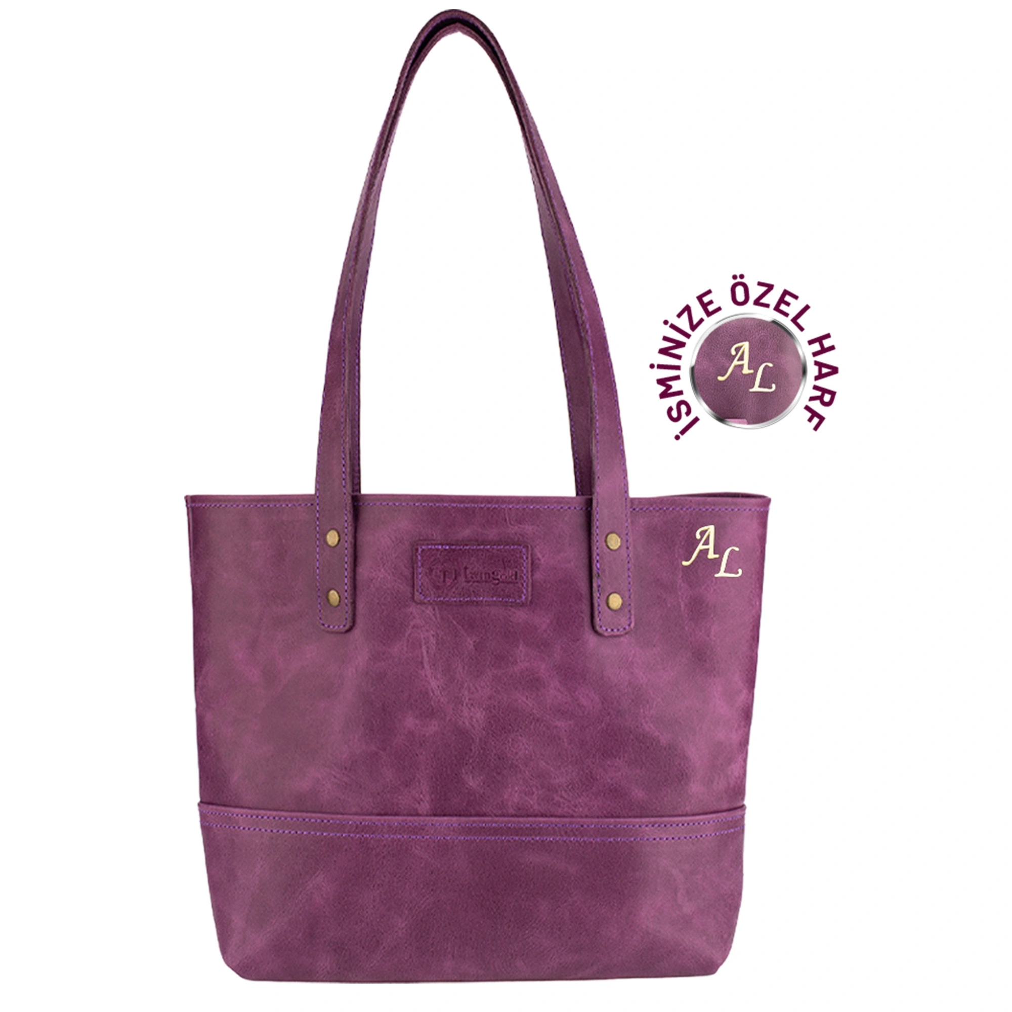 İsme Özel Tote Bag El Omuz Çantası - %100 Rainbow Deri - AC03003 - Mor
