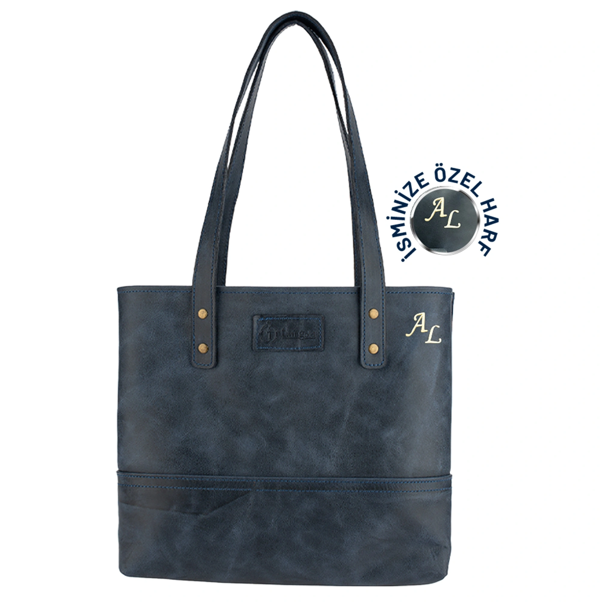 İsme Özel Tote Bag El Omuz Çantası - %100 Rainbow Deri - AC03003 - Lacivert