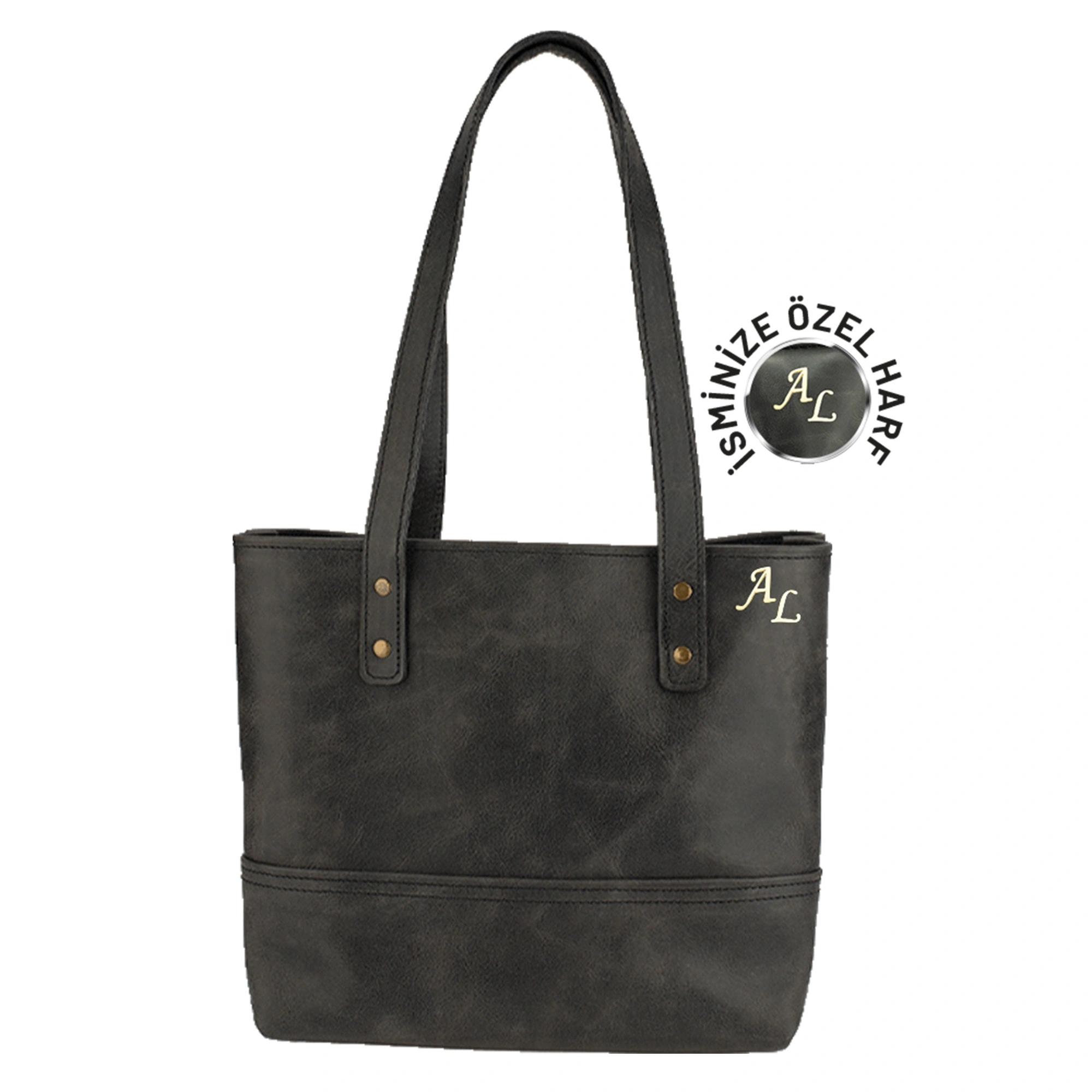 İsme Özel Tote Bag El Omuz Çantası - %100 Rainbow Deri - AC03003 - Antrasit