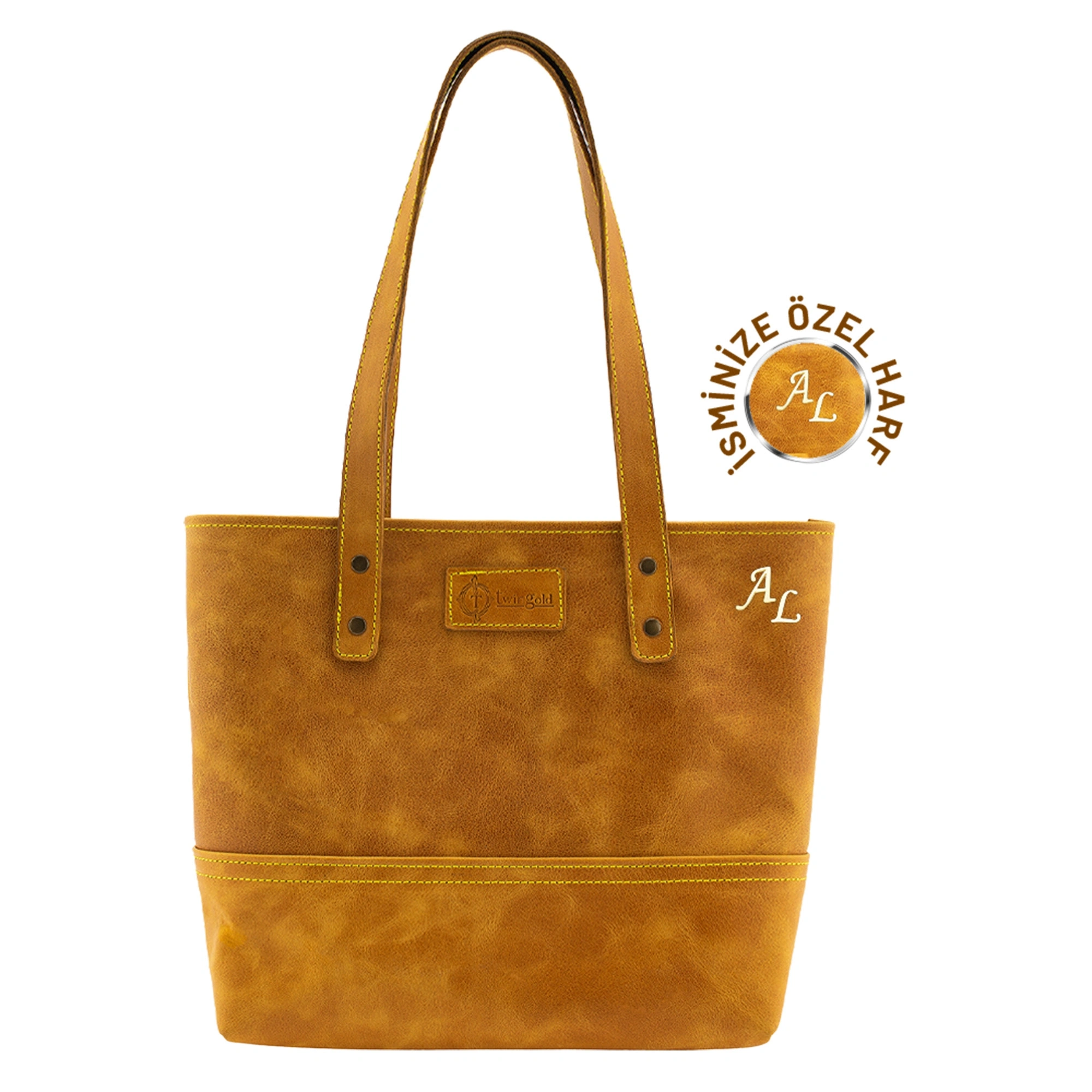İsme Özel Tote Bag El Omuz Çantası - %100 Rainbow Deri - AC03003 - Hardal Sarısı