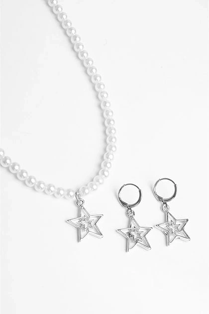 İç içe Yıldız Tasarımlı İnci Boncuklu Kolye Küpe Takım