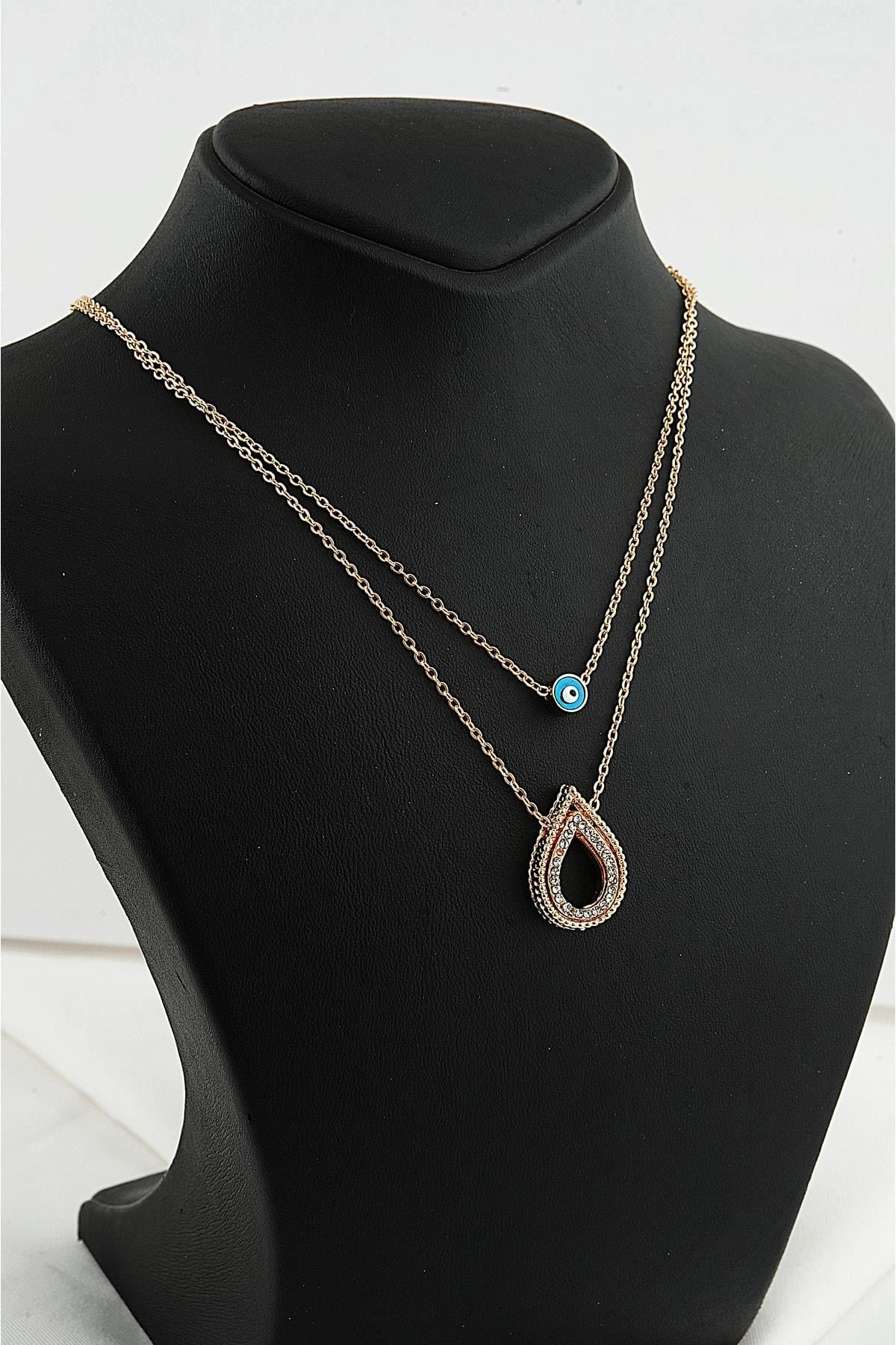 Damla Tasarımlı Nazar Figürlü Zirkon Taşlı Gold Renkli 2li Kolye