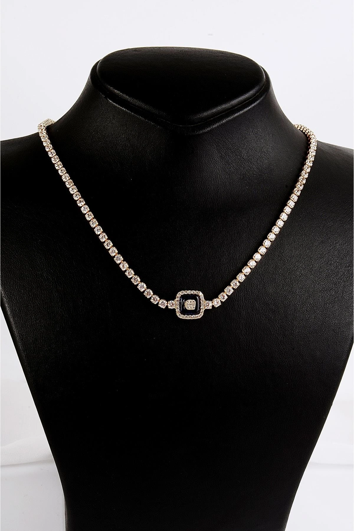 Çelik Özel Tasarımlı Zirkon Taşlı Gold ve Gümüş Renkleri Çelik Kolye