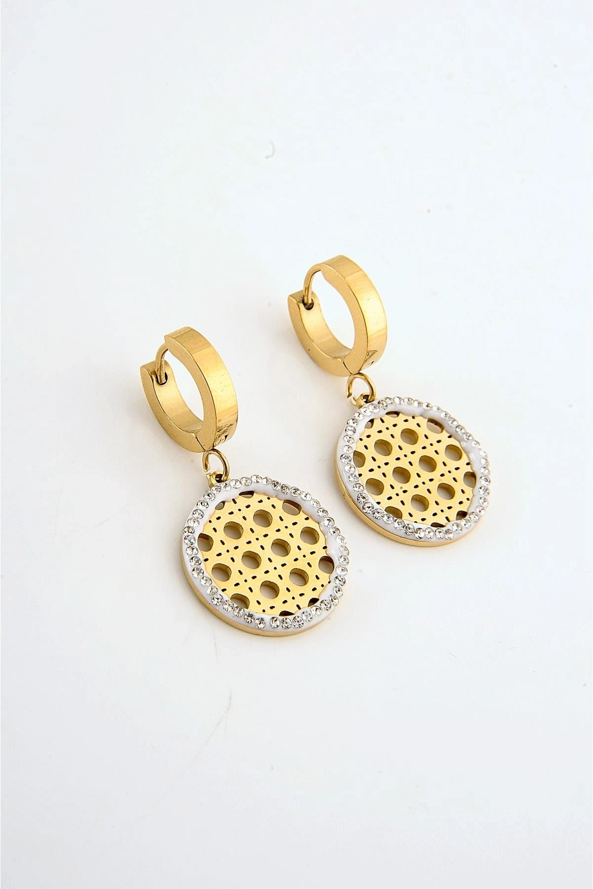 Çelik Gold Renkli Zirkon Taşlı Kancalı Küpe