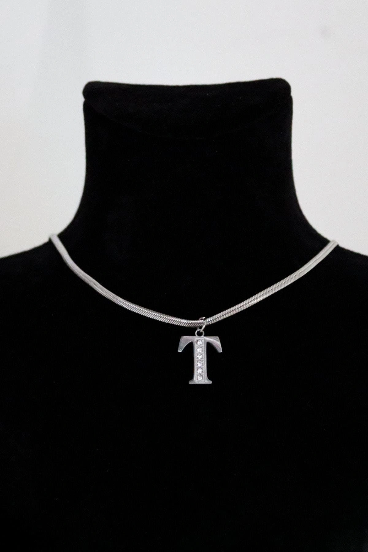 T Harfi Tasarımlı İtalyan Zincirli Zirkon Taşlı Çelik Kolye