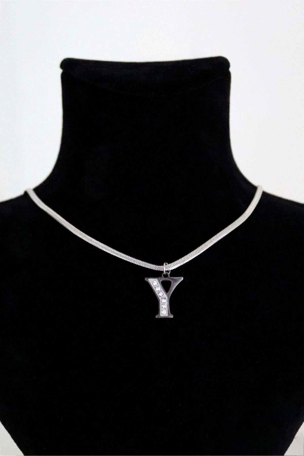 Y Harfi Tasarımlı İtalyan Zincirli Zirkon Taşlı Çelik Kolye