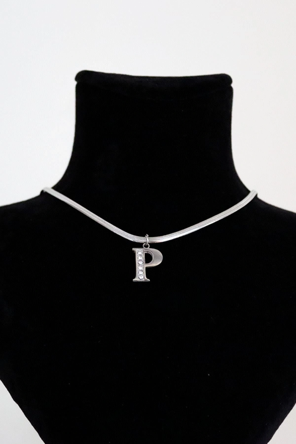 P Harfi Tasarımlı İtalyan Zincirli Zirkon Taşlı Çelik Kolye
