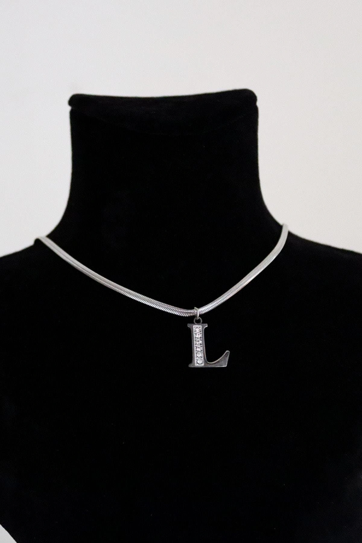 L Harfi Tasarımlı İtalyan Zincirli Zirkon Taşlı Çelik Kolye