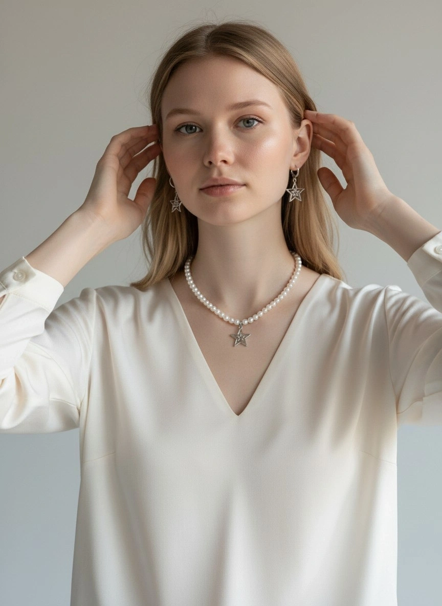 İç içe Yıldız Tasarımlı İnci Boncuklu Kolye Küpe Takım