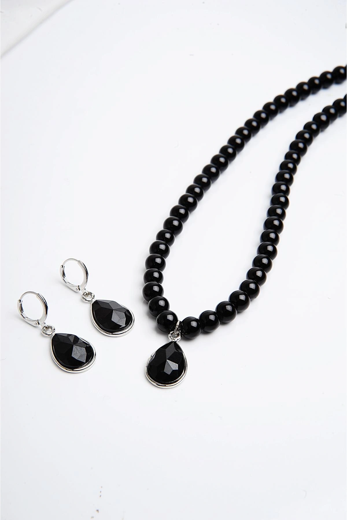 Siyah İncili Damla Tasarımlı Kolye Küpe İnci Takımı