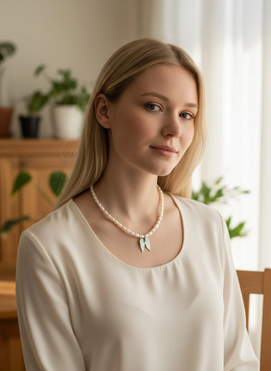 Desenli İncili Melek Tasarımlı Gümüş Kaplamalı İnci Kolye