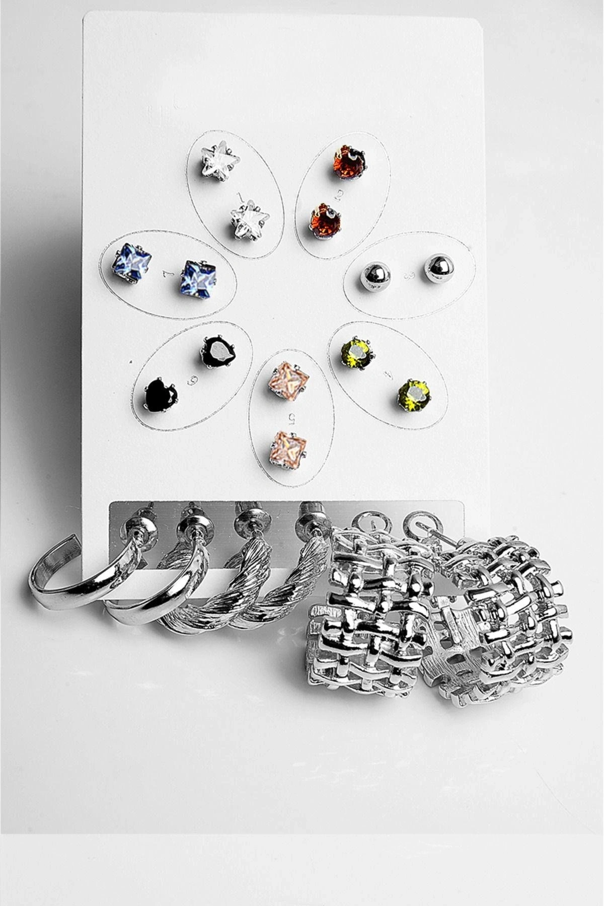 Halka Tektaş Ve Top Küpeli Zirkon Taşlı Gold Ve Gümüş Kaplamalı 10lu Küpe Seti