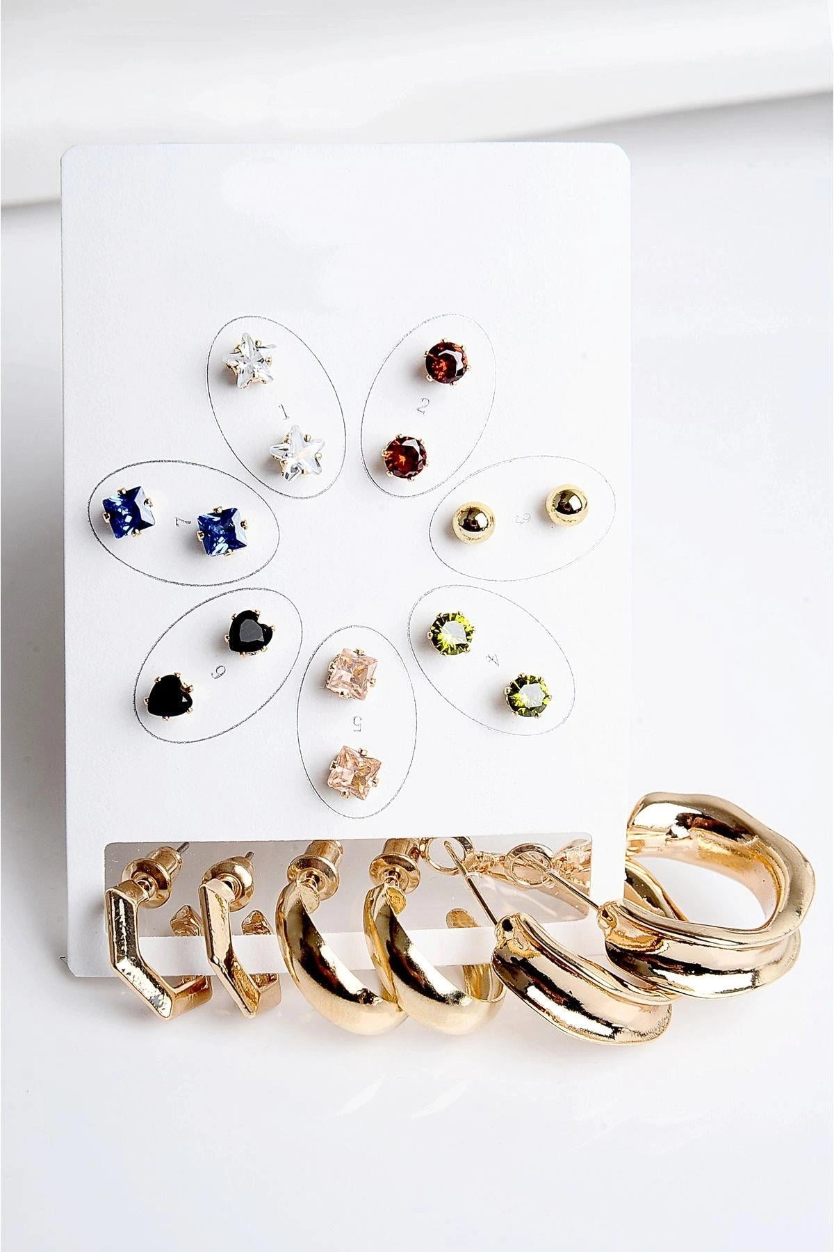 Halka Tektaş Ve Top Küpeli Zirkon Taşlı Gold Ve Gümüş Kaplamalı 10lu Küpe Seti