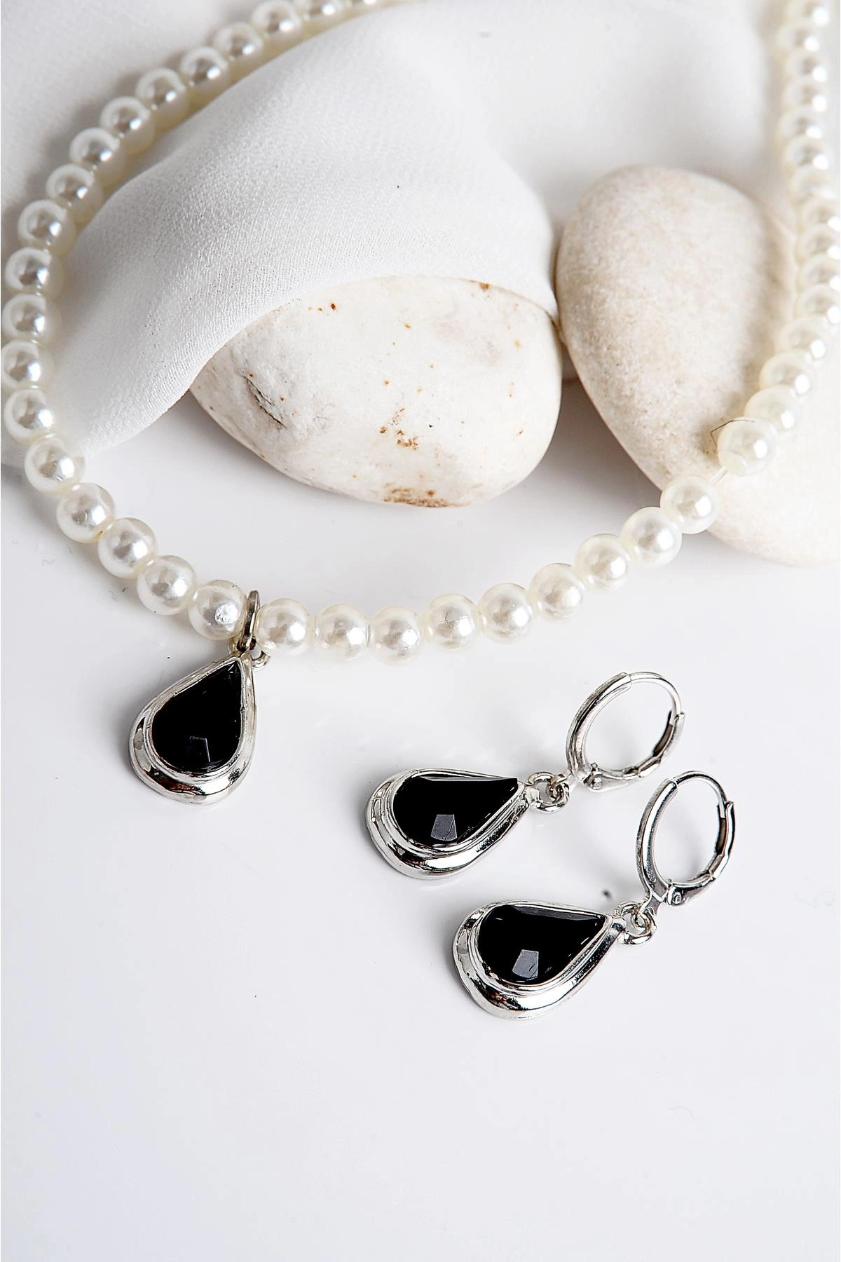 Damla Tasarımlı İnci Taşlı Kolye Küpe Takım