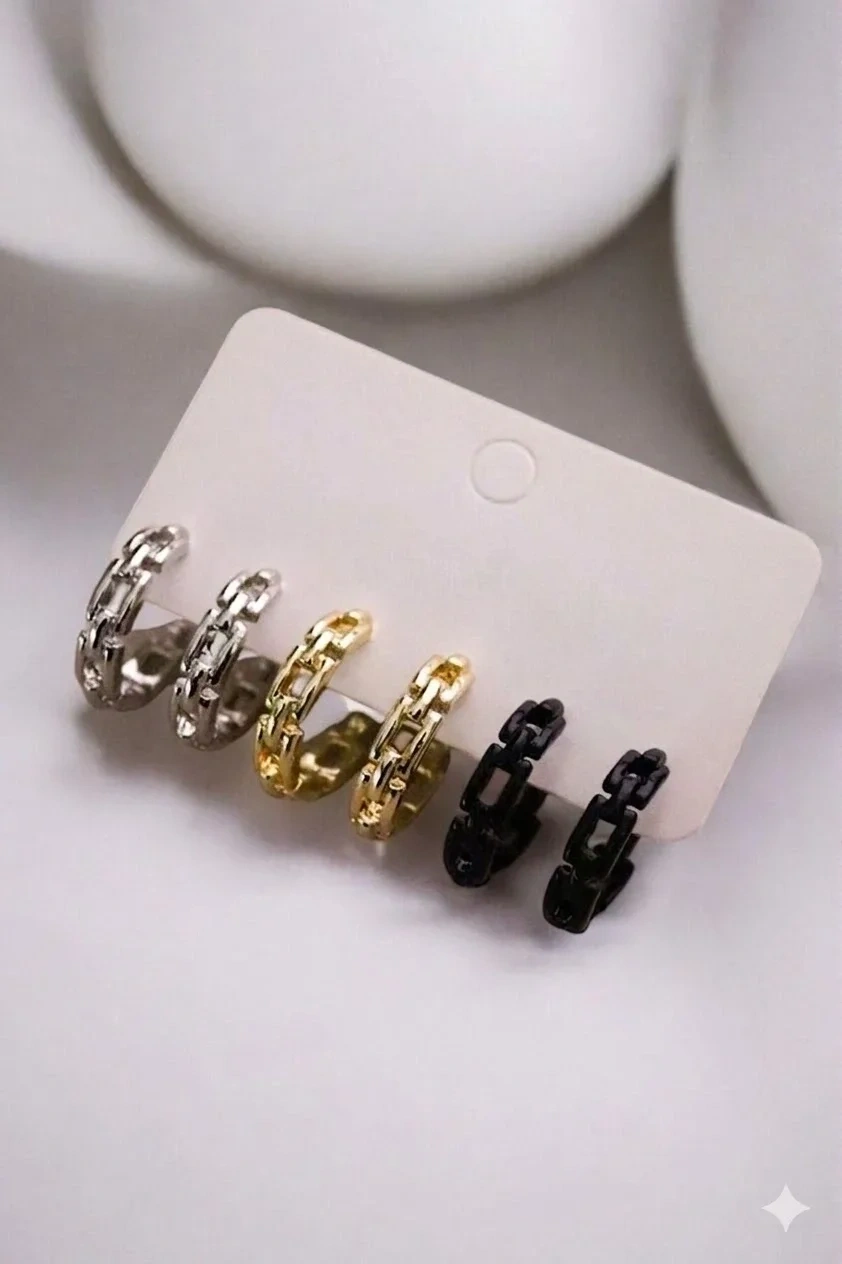 Gold Gümüş ve Siyah Renkleri 3lü Halka Küpe Seti