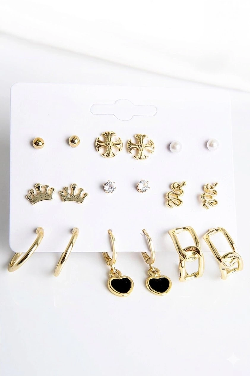 Kalpli Kar Taneli Kral Tacı ve Yılan Tasarımlı İnci Zirkon Halka ve Top Küpeli 9lu Küpe Seti