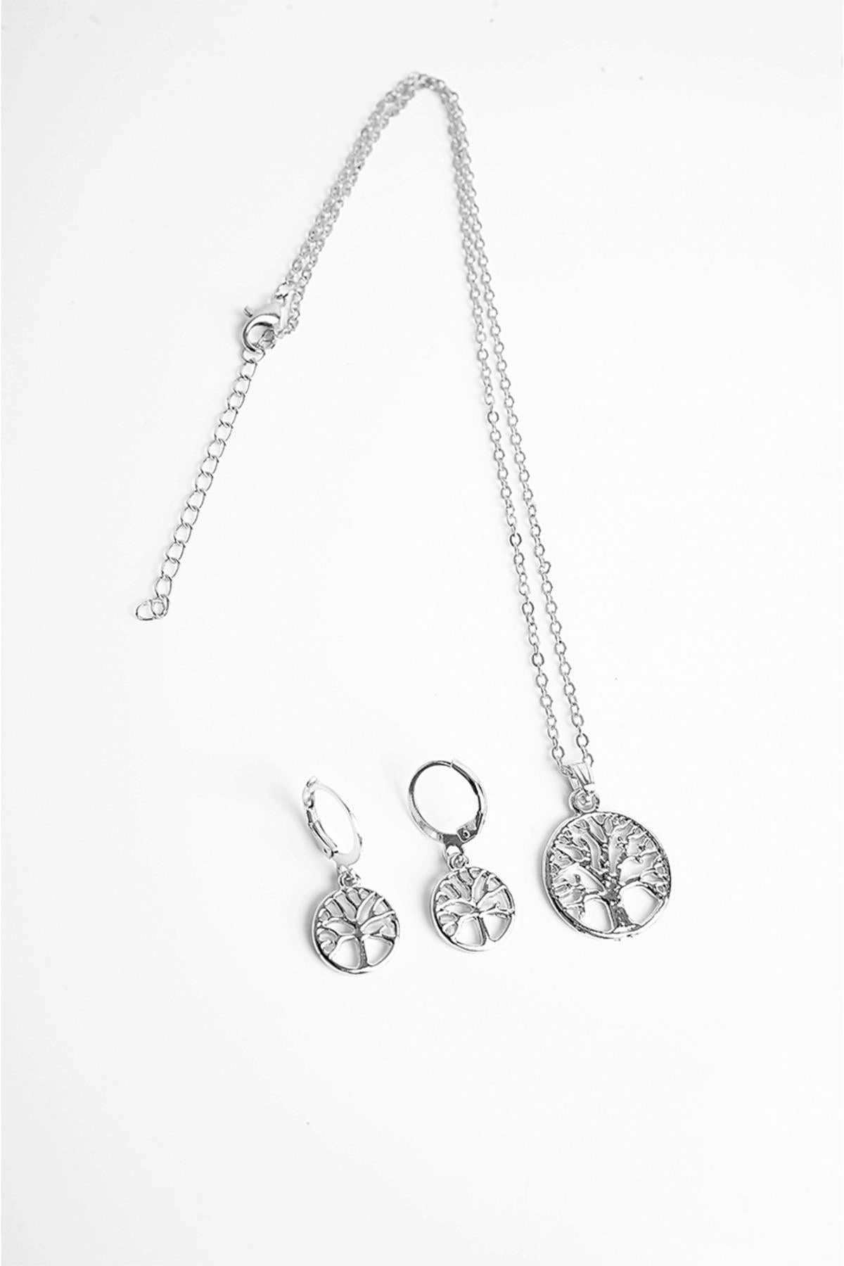 Yaşam Ağacı Tasarımlı Gold ve Gümüş Renkleri Kolye Küpe Takım Seti