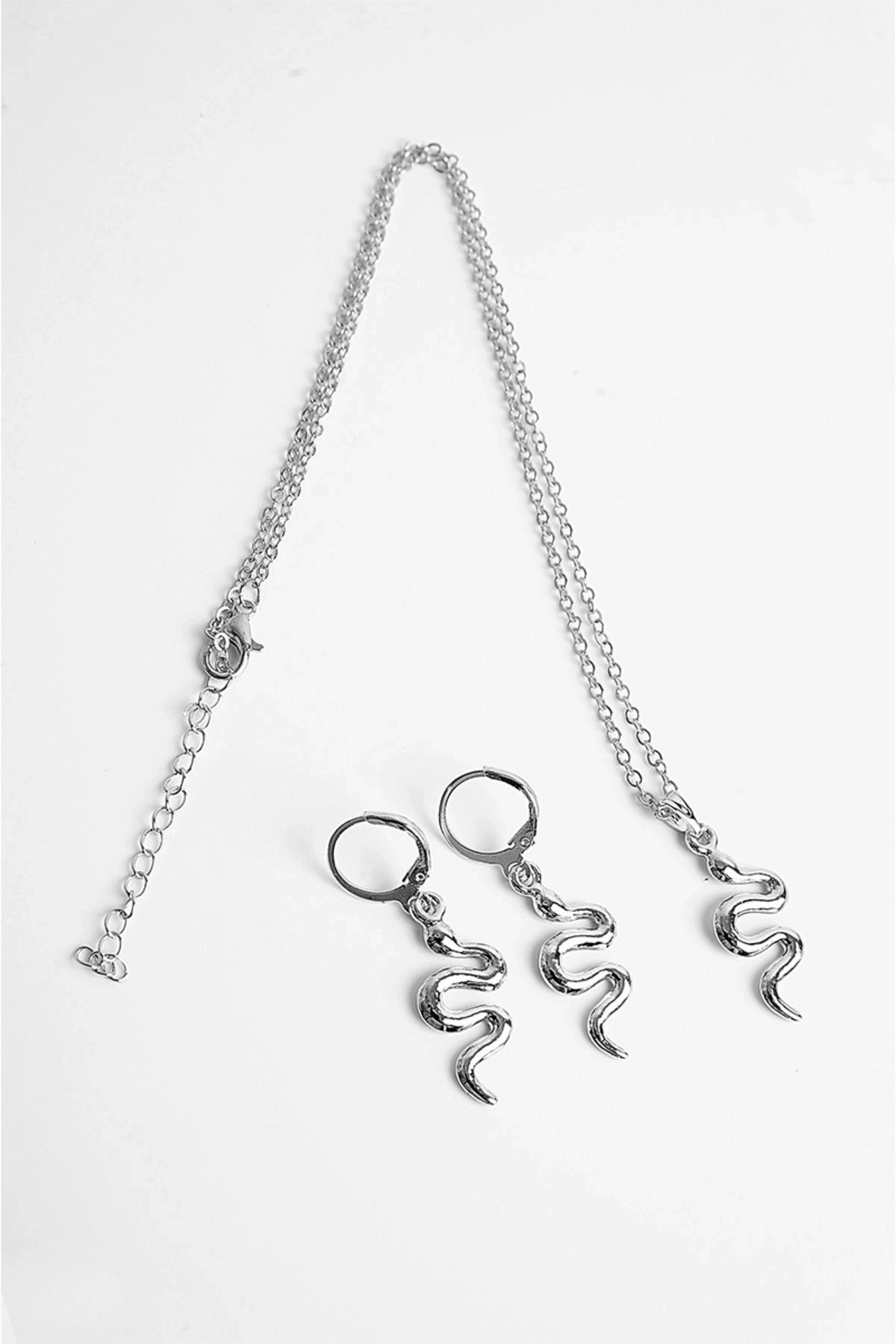 Yılan Tasarımlı Gold ve Gümüş Renkleri Kolye Küpe Takım