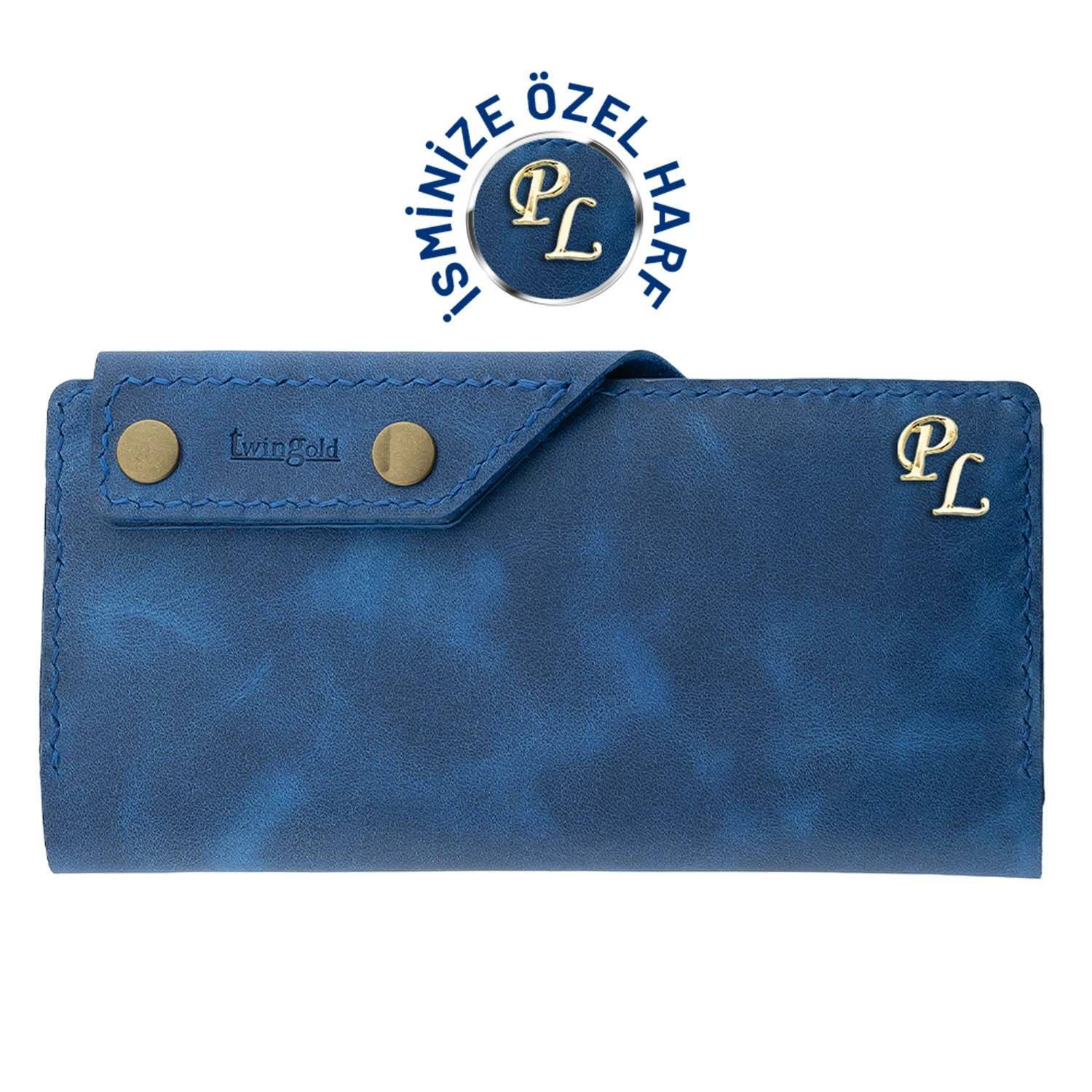 İsme Özel Dikey Çıtçıtlı Uzun Cüzdan - %100 Rainbow Deri - A010006 - Saks Mavisi