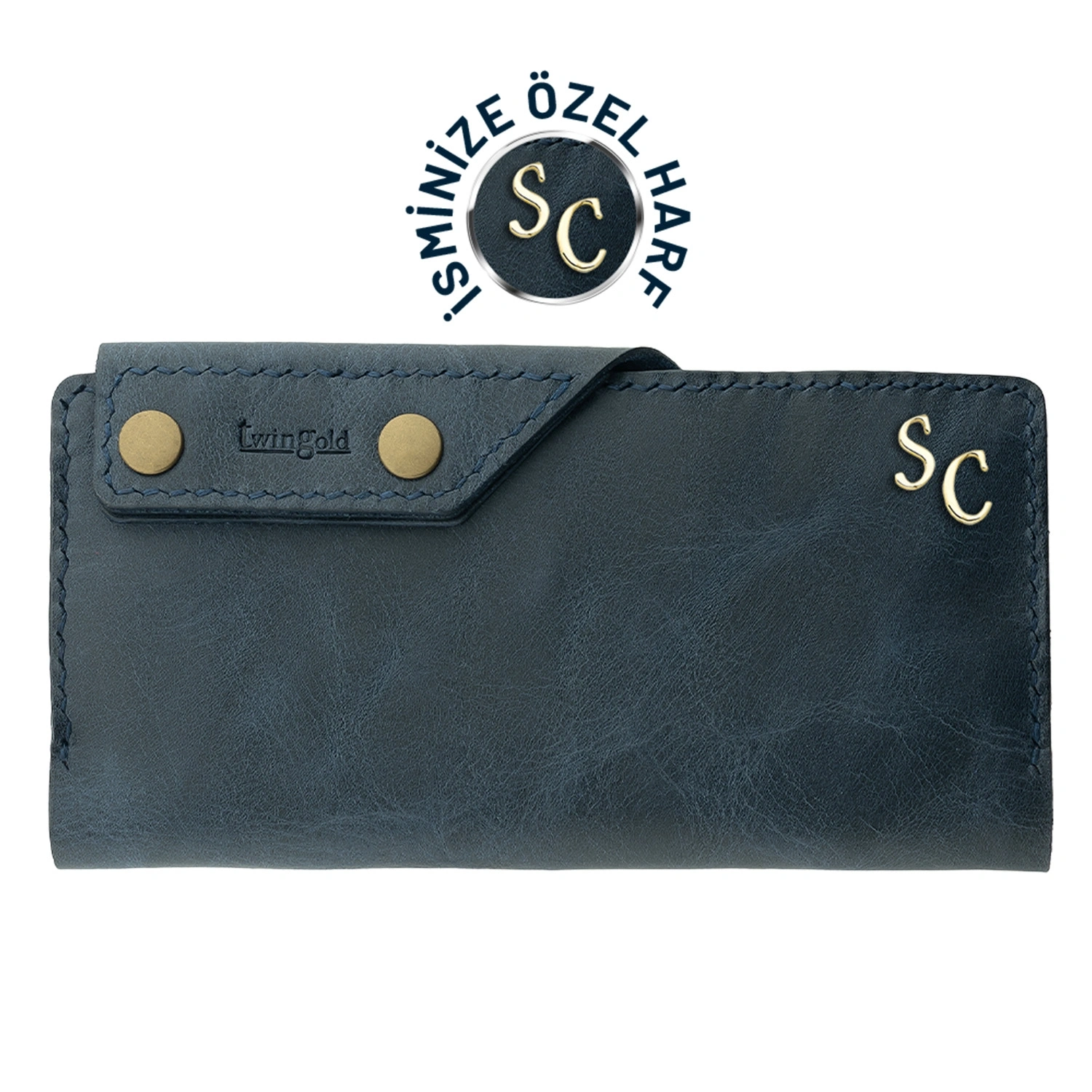 İsme Özel Dikey Çıtçıtlı Uzun Cüzdan - %100 Rainbow Deri - A010006 - Lacivert