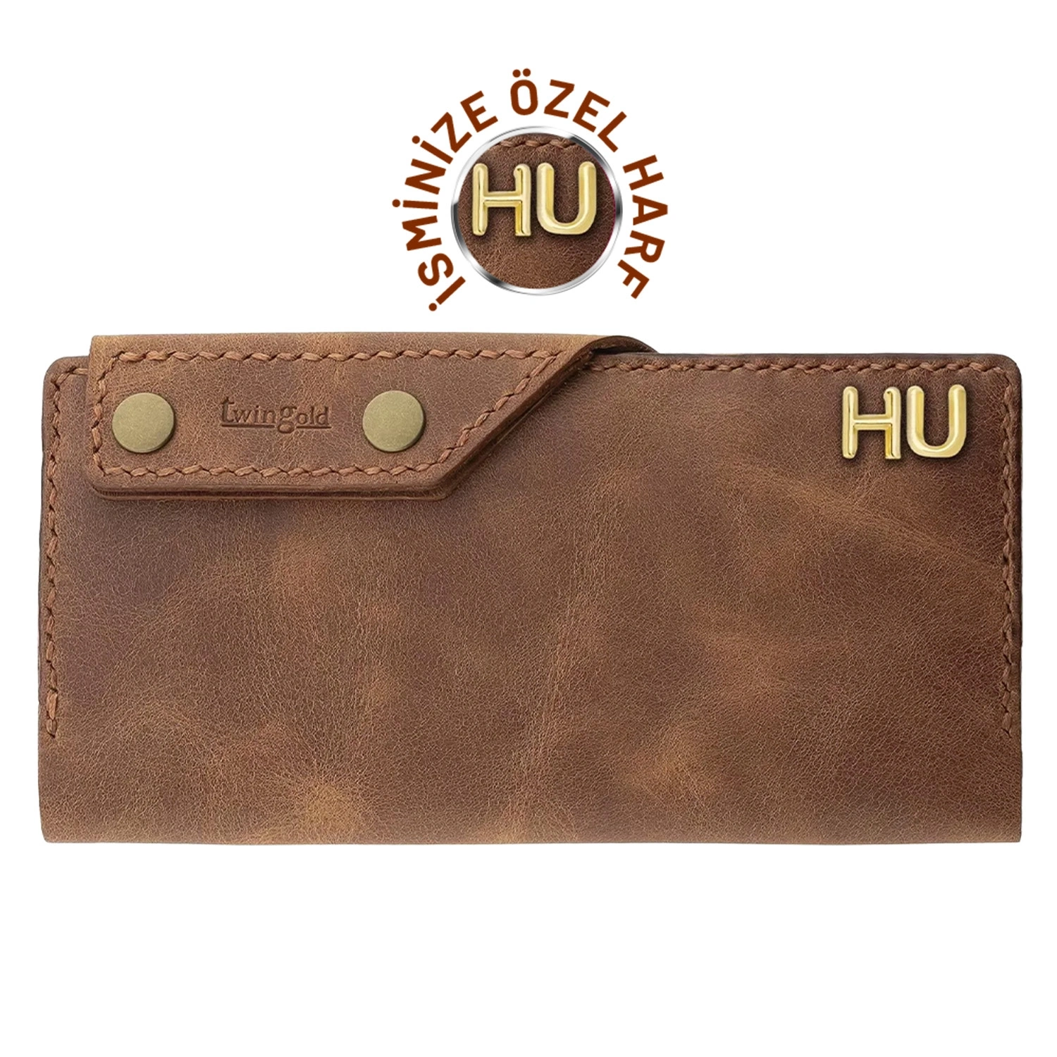 İsme Özel Dikey Çıtçıtlı Uzun Cüzdan - %100 Rainbow Deri - A010006 - Kahverengi