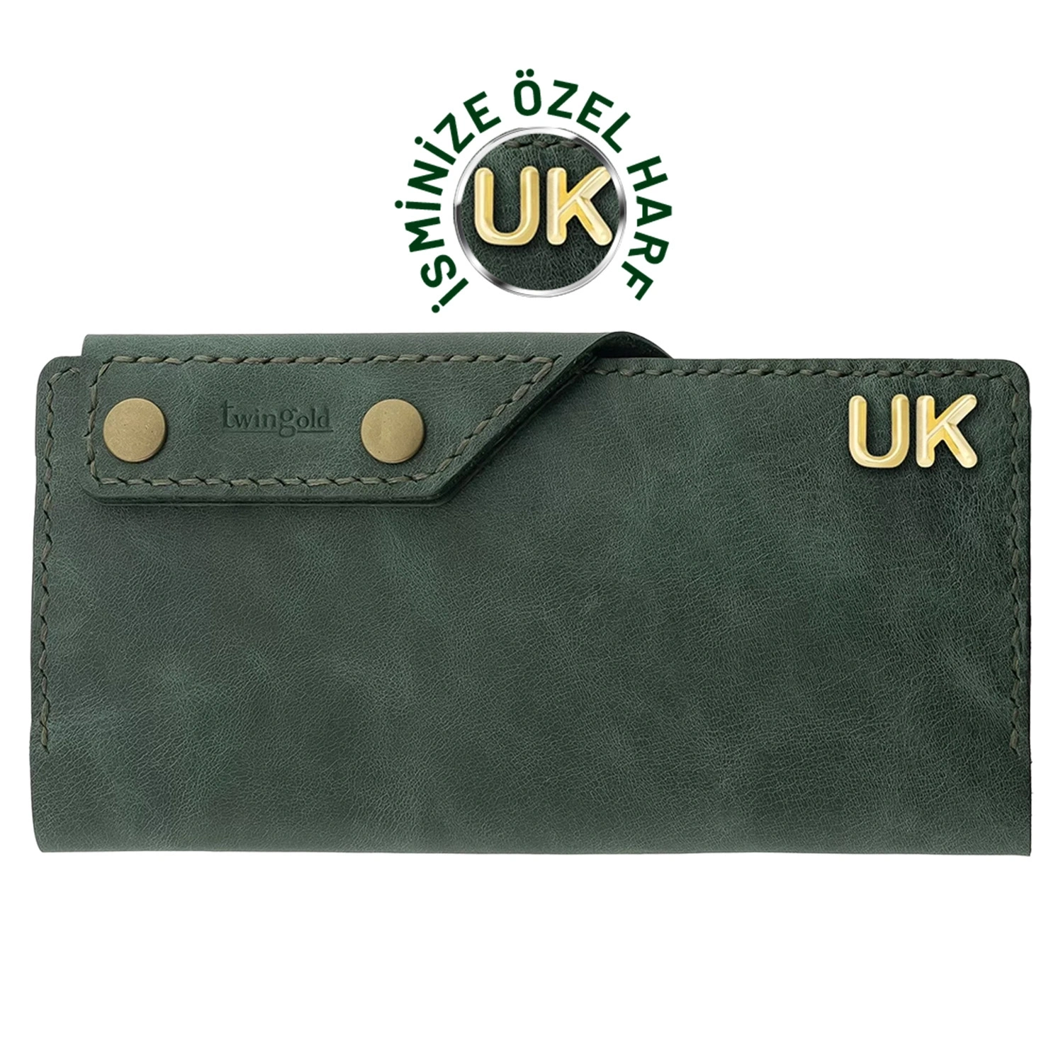 İsme Özel Dikey Çıtçıtlı Uzun Cüzdan - %100 Rainbow Deri - A010006 - Haki