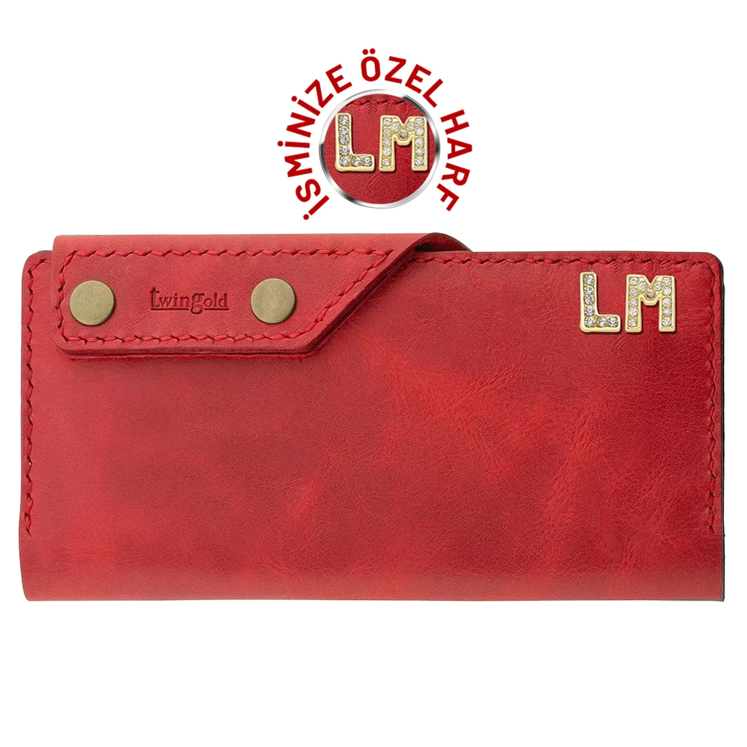 İsme Özel Dikey Çıtçıtlı Uzun Cüzdan - %100 Rainbow Deri - A010006 - Kırmızı