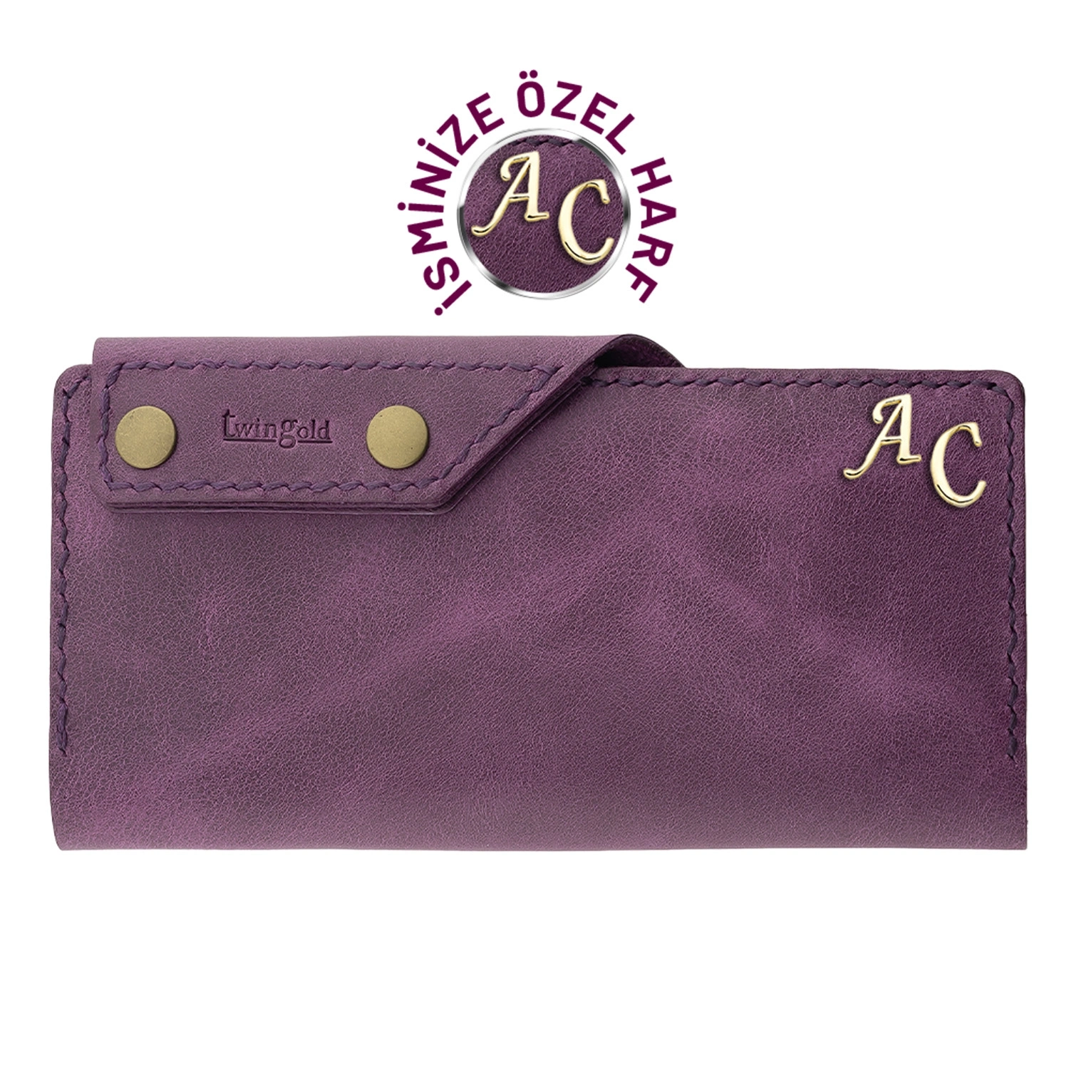 İsme Özel Dikey Çıtçıtlı Uzun Cüzdan - %100 Rainbow Deri - A010006 - Mor