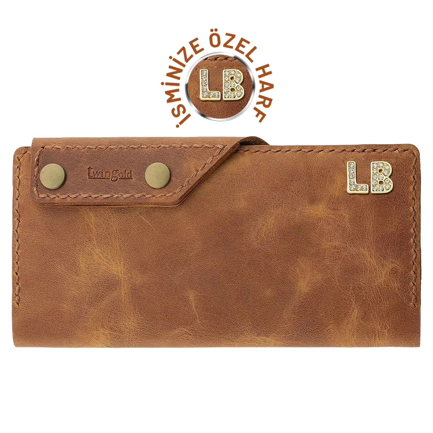 İsme Özel Dikey Çıtçıtlı Uzun Cüzdan - %100 Rainbow Deri - A010006 - Camel