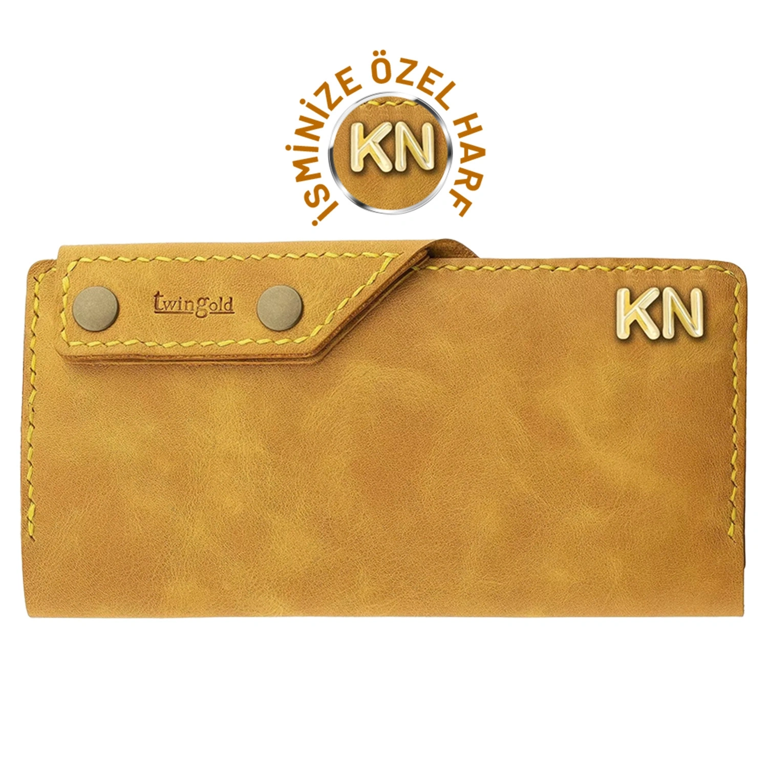 İsme Özel Dikey Çıtçıtlı Uzun Cüzdan - %100 Rainbow Deri - A010006 - Hardal Sarısı