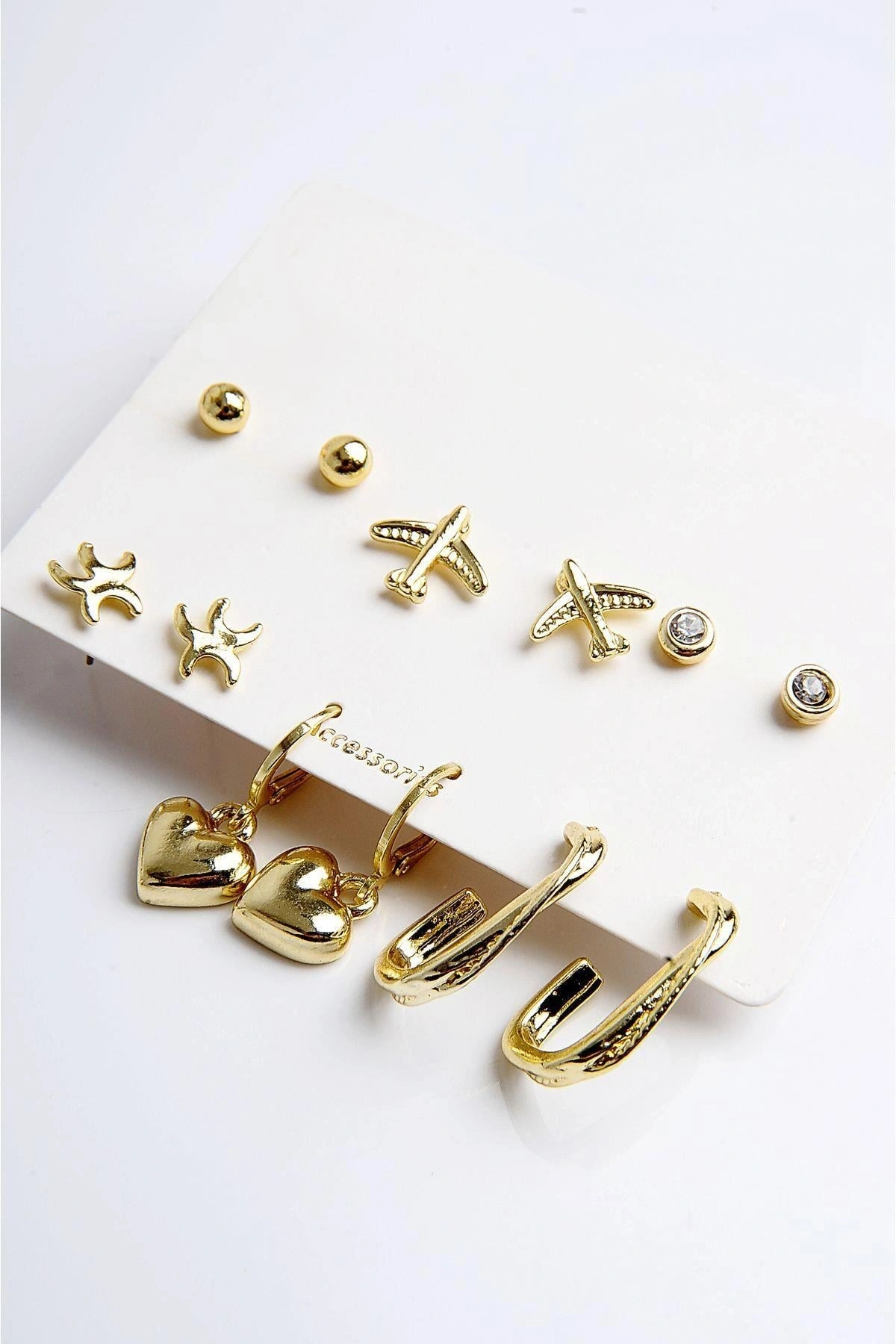Kalp Yıldız ve Uçak Figürlü Gold Renkli Halka Tektaş ve Top Küpeli 6lı Unisex Küpe Seti