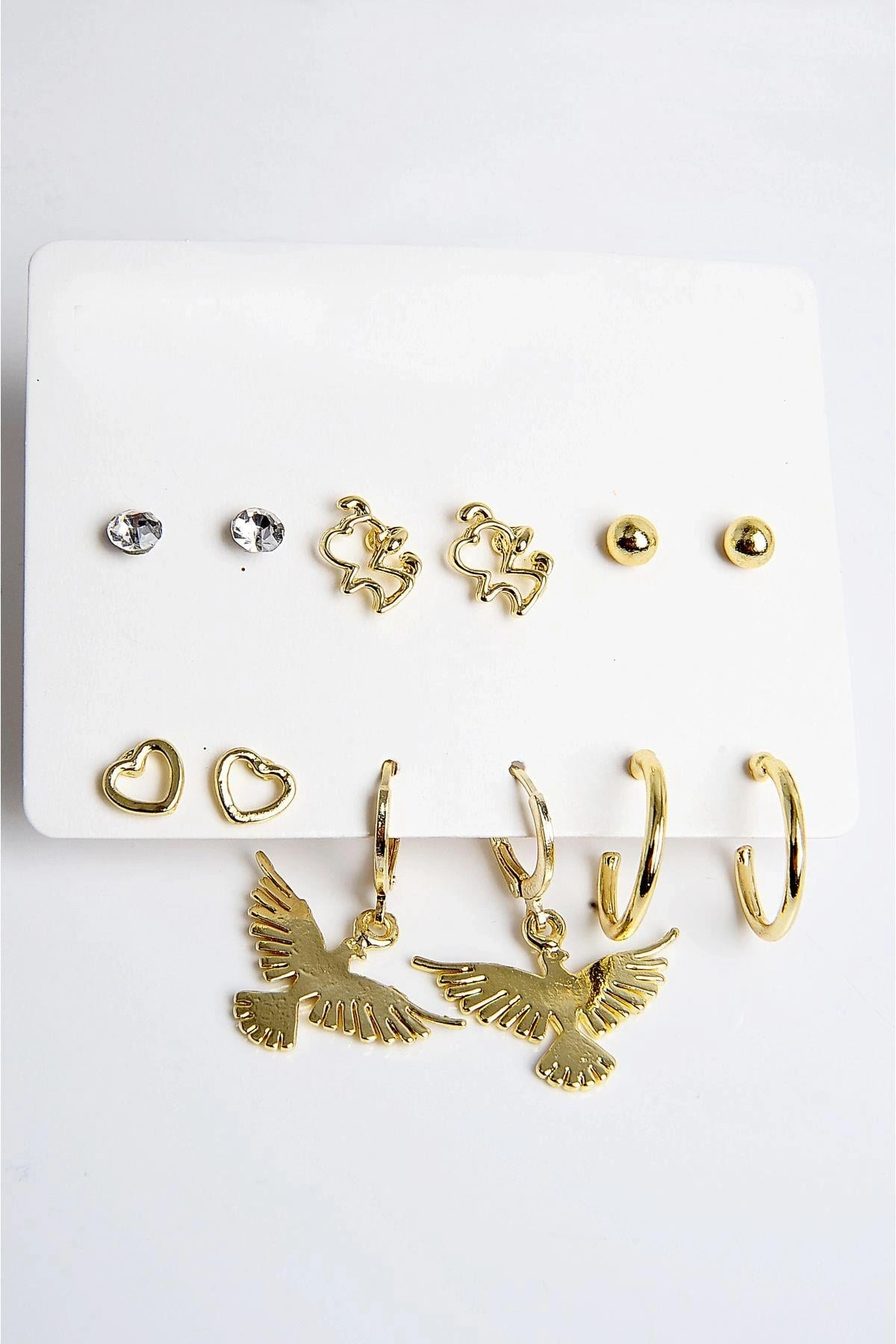 Kuş Kalp ve Köpek Figürlü Gold Renkli Halka Tektaş ve Top Küpeli 6lı Unisex Küpe Seti